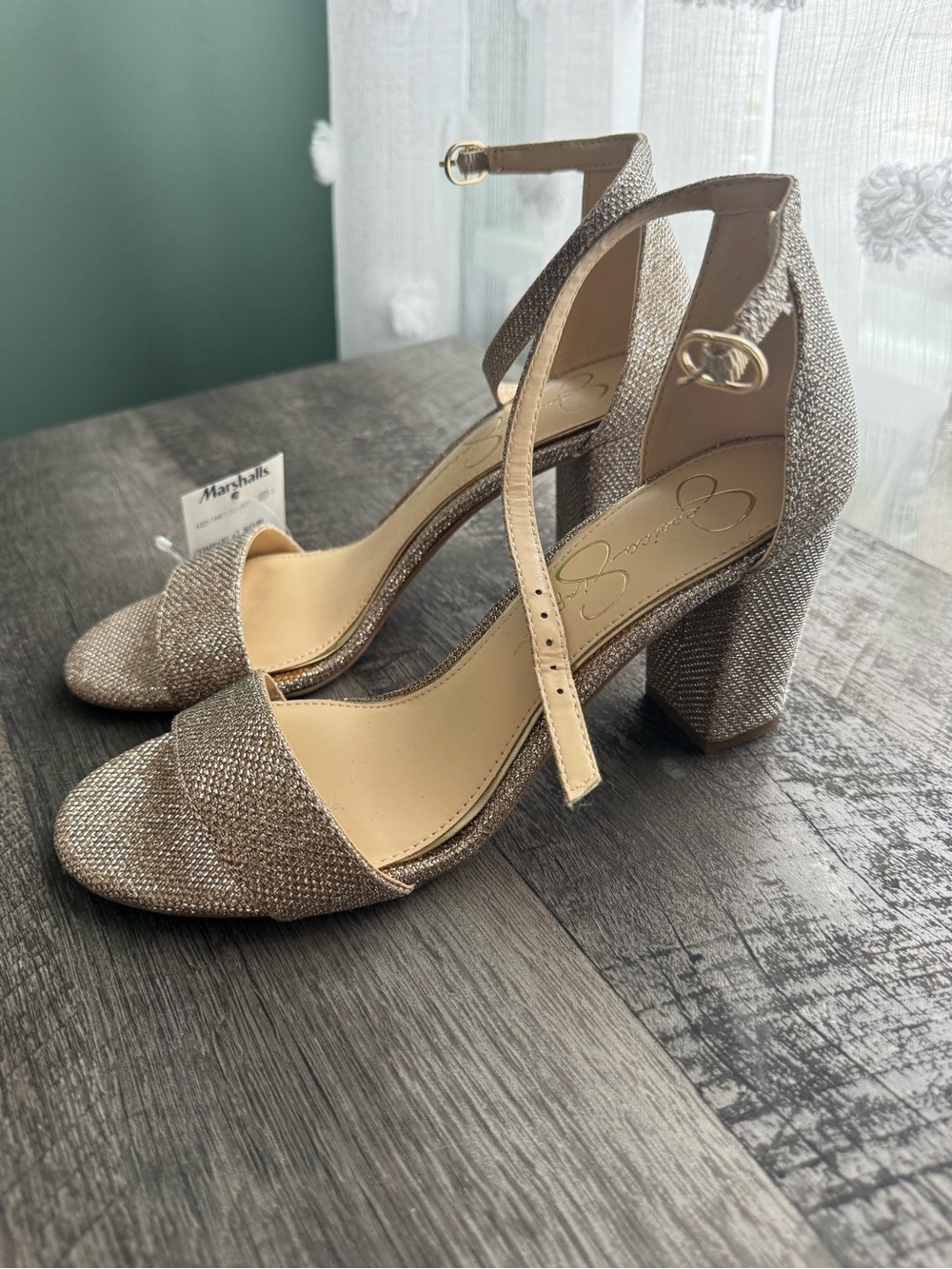 Sparkling Gold Ankle-Strap Block Heels by Jessica Simpson